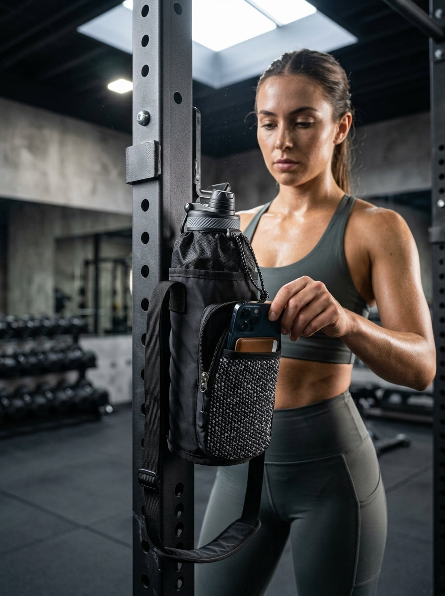 SPORJET Magnetic Gym Bottle Bag - Magnetic Bottle Holder - Gym Phone Holder - Bottle Sling Bag Gym Bag Essentials